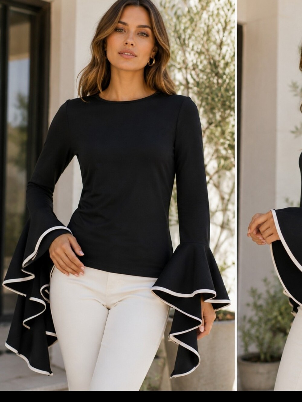 Storets Ltd Women's Stretchy Blouse Navy blue with long Ruffled Sleeves Size M